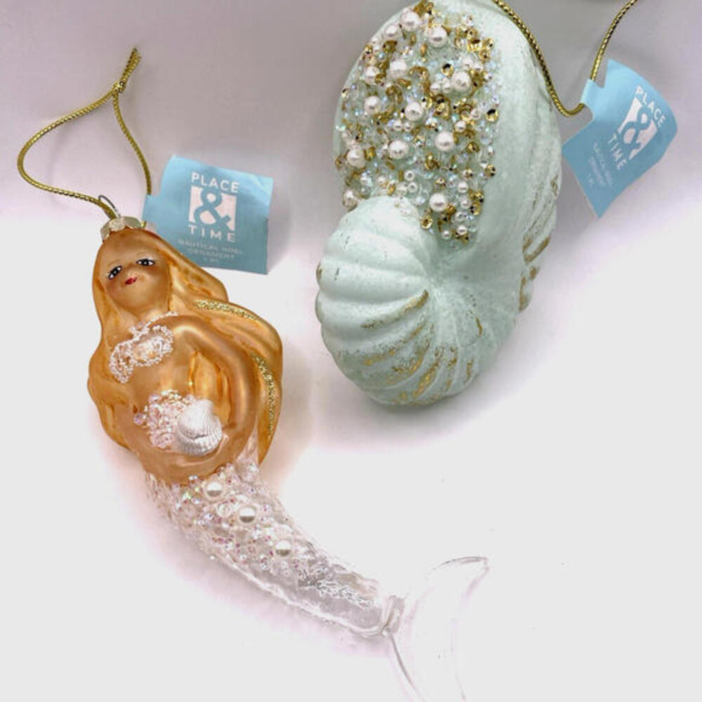 Place & Time Nautical Noel‎ Mermaid Seashell Glass Christmas Ornaments Set 2 NWT